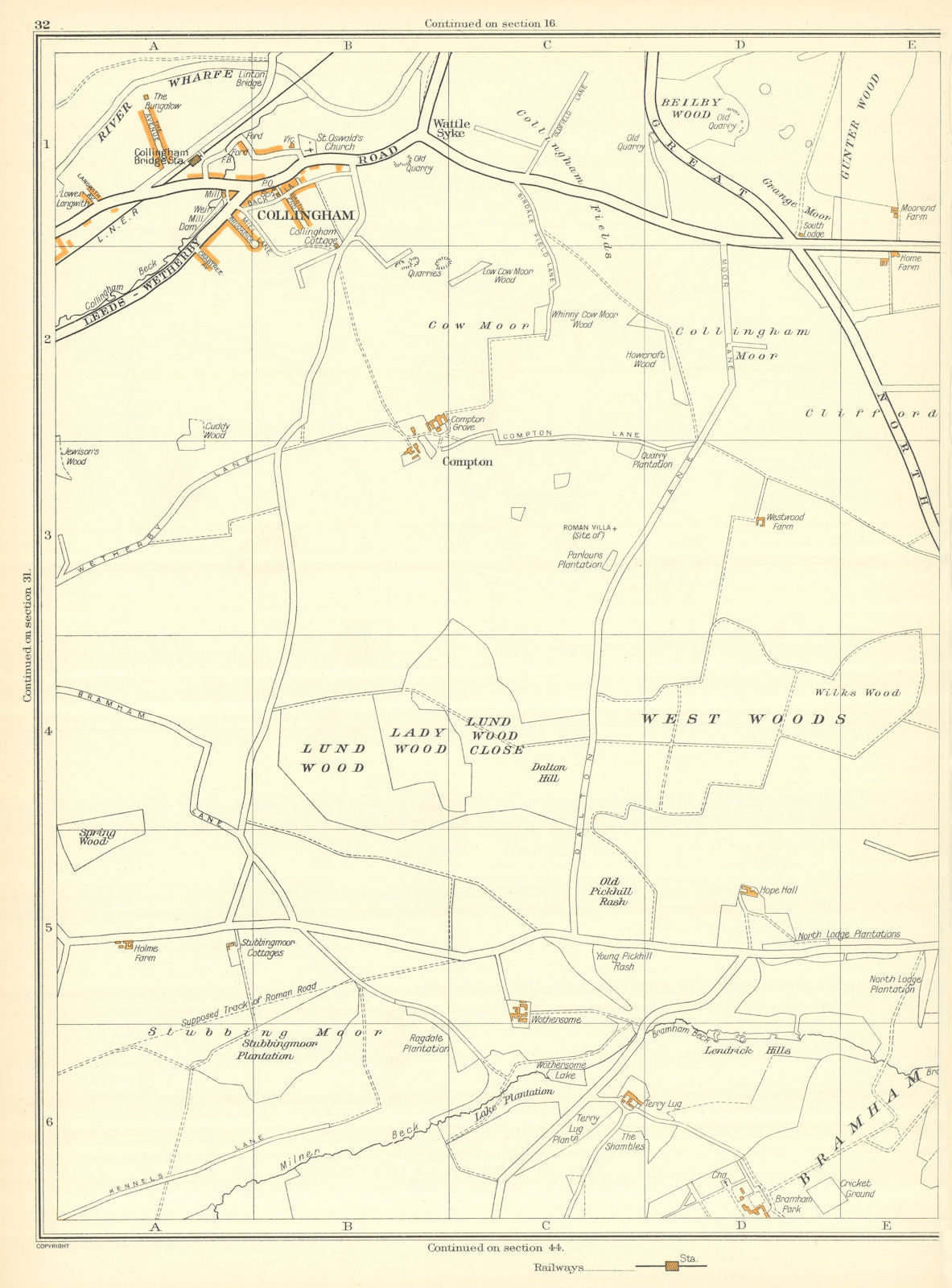 YORKSHIRE Beilby Wood;Collingham Lady Compton Spring Wattle Skye 1935 old map